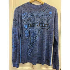 American Fighter Graphic Long Sleeve Crew Neck Tee Blue Size Medium